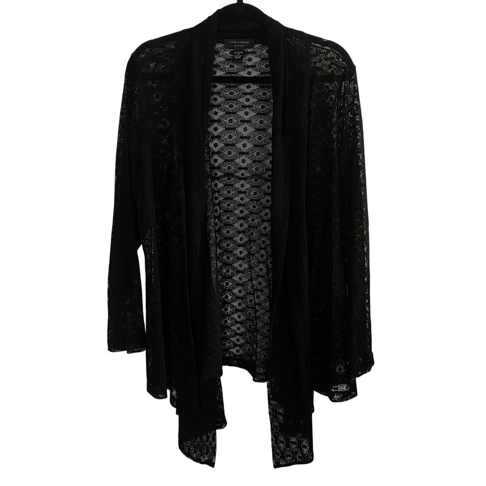 Cable Gauge Woman 1X Black Lace Duster Cardigan Open Front Grandmacore Grunge